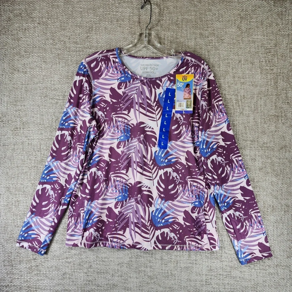 32 Degrees Cool Long Sleeve Rash Guard Womens L Purple Palm Leaf UPF 50+ NEW